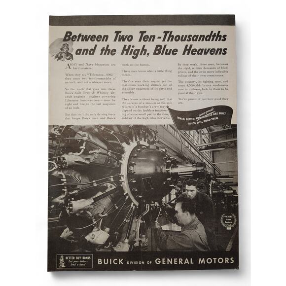 1943 Buick Print Ad Between Two Ten-Thousandths Aircraft Engine Precision 1940s - Picture 1 of 6